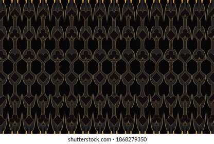 The original pattern of symbols of the card suit - clubs, tambourines, spades, hearts with a gold outline. Vector graphics on a black geometric background for design and decoration.