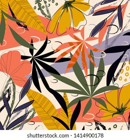 Original pattern with tropical leaves and plants on pastel background. Vector design. Jungle print. Textiles and printing. Floral background.