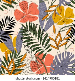 The original pattern with tropical leaves and plants on a beige background. Vector design. Jungle print. Textiles and printing. Floral background.