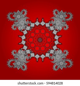 Original pattern. Vector oriental ornament. On red and white background with white elements and with white doodles.