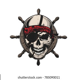 Original pirate skull retro logo with smoking pipe and hand wheel.