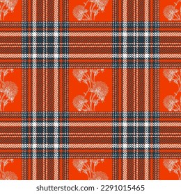 Original plaid textile design in red color with traditional scottish thistle symbol. Vector check seamless fabric.
