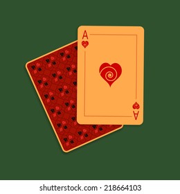 Original playing card ace, heart suit. Two cards, one is open, other is closed. Isolated on green background. Vector illustration, eps 10.