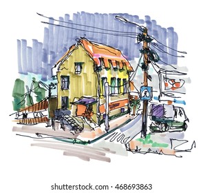 original pleinair marker painting of rural landscape in Irpin Kyiv region Ukraine, vector drawing on paper for book illustration or postcard