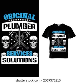 Original plumber services solutions.Skull, plumber tools, plumber elements, stars, blue. Plumber t shirt vector.
