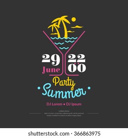 The original poster summer party. Advertising travel on vacation to the sea. Vector illustration on black background.