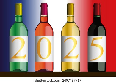 Original presentation of the 2025 vintage with the year inscribed on four bottles of Bordeaux wines of different colors.