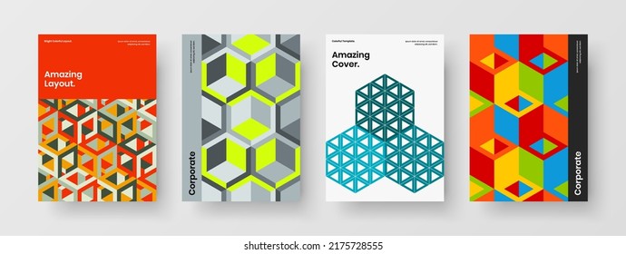 Original presentation A4 vector design concept bundle. Bright mosaic pattern catalog cover illustration collection.