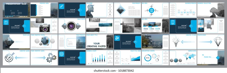 Modelos de apresentação originais. Conjunto de azul, elementos de infográficos, fundo branco. Folheto, cartão postal, relatório corporativo, marketing, publicidade, banner.apresentação de slides, foto, slide para brochura, livreto