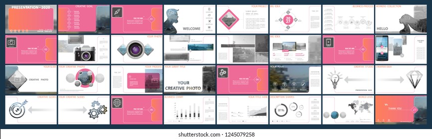 Original presentation templates. Set of red, elements of infographics, white background. Flyer, postcard, corporate report, marketing,advertising, banner. Slide show, photo, travel, brochure, booklet