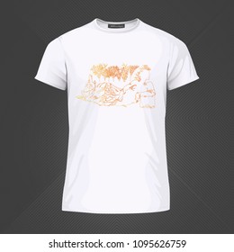 Original print for t-shirt - Androgyn relaxing and smoking shisha with forrest lanscape in background. World of Woman art series. Vector Illustration