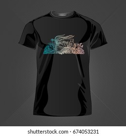 Original print for t-shirt. Black t-shirt with fashionable design - Picturesque coral reef. Vector Illustration