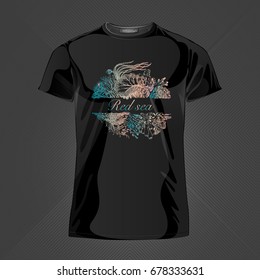 Original print for t-shirt. Black t-shirt with fashionable design - Picturesque coral reef. Vector Illustration