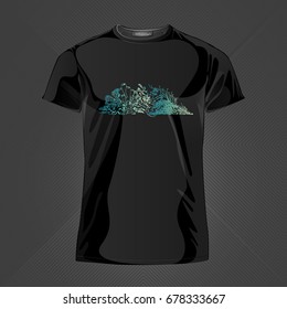 Original print for t-shirt. Black t-shirt with fashionable design - Picturesque coral reef. Vector Illustration