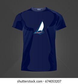 Original print for t-shirt. Blue t-shirt with fashionable design - Sail boat or yacht. Vector Illustration