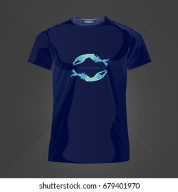 Original print for t-shirt. Blue t-shirt with fashionable design - Two mermaids. Vector Illustration