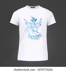 Original print for t-shirt - Hovering bird with woman's head. World of Woman graphical art series. Vector Illustration
