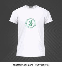 Original print for t-shirt. White t-shirt with fashionable design - Organic cafe logo. Vector Illustration