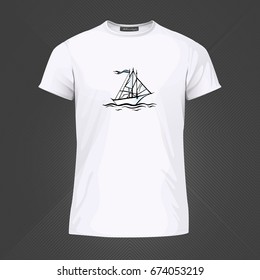 Original print for t-shirt. White t-shirt with fashionable design - Sail boat or yacht. Vector Illustration