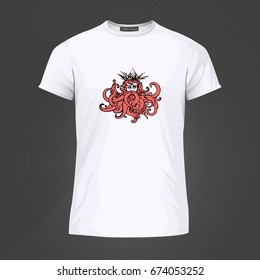 Original print for t-shirt. White t-shirt with fashionable design - Poseidon or Neptune head. Vector Illustration