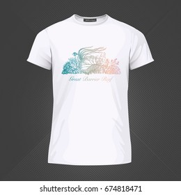 Original print for t-shirt. White t-shirt with fashionable design - Picturesque coral reef. Vector Illustration