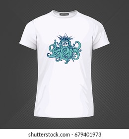Original print for t-shirt. White t-shirt with fashionable design - Poseidon or Neptune head. Vector Illustration