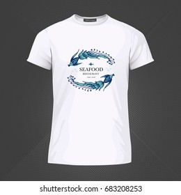 Original print for t-shirt. White t-shirt with fashionable design - Two decorative fish. Vector Illustration