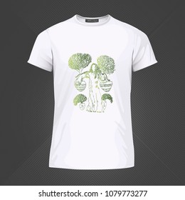 Original print for t-shirt - Woman carrying pots with trees on her shoulders. World of Woman graphical art series. Vector Illustration
