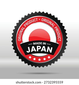 Producto original hecho en Japón Vector insignia, etiqueta y sello. Este emblema circular negro y dorado presenta bordes dentados y un Anuncio de cinta. Ilustración de sello de calidad garantizada de Premium adecuada para comercio electrónico, empaquetado de productos y necesidades de certificación de calidad, lo que garantiza la autenticidad del producto. Aislado en un fondo blanco.