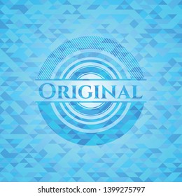 Original realistic light blue emblem. Mosaic background