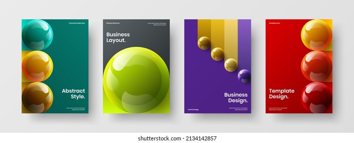 Original realistic spheres annual report illustration set. Multicolored journal cover vector design layout composition.