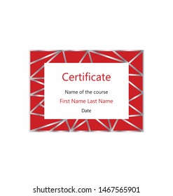 Original red certificate with silver gradient lines. Gift card and educational certificate template. A4/A5 standard size. Vector illustration 