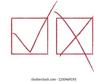 Original Red Check Marks Set in Square Boxes. Brush Grunge Tick, Cross Icons Vector Design. Voting Icons Elements Isolated on White. New Test Marks Collection. EPS 10.