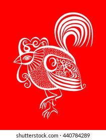 original red line art rooster calligraphy drawing, symbol of 2017 new year, vector illustration
