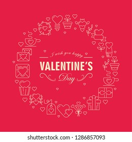 Original red and white colored round frame card with many small hearts, envelopes and others symbols on red background vector illustration