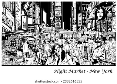 Original representation of a night market in New York - Vector Illustration (Ideal for printing, poster or wallpaper, house decoration)