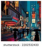 Original representation of Times square in New york on a rainy night.- vector illustration (Ideal for printing on fabric or paper, poster or wallpaper, house decoration)
