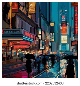 Original representation of Times square in New york on a rainy night.- vector illustration (Ideal for printing on fabric or paper, poster or wallpaper, house decoration)
