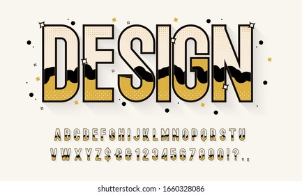 Diseño original de fuente 3d retro, alfabeto, letras y números.