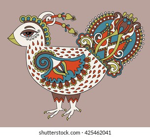 original retro cartoon chicken drawing, symbol of 2017 new year of the rooster in karakoko style, vector illustration 