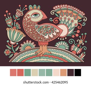 original retro cartoon chicken drawing, symbol of 2017 new year of the rooster in karakoko style, vector illustration 