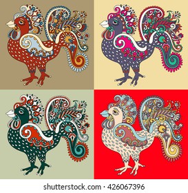 original retro cartoon chicken drawing, symbol of 2017 new year of the rooster, vector illustration 