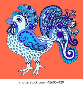 original retro cartoon chicken drawing, symbol of 2017 new year of the blue rooster in karakoko style, vector illustration 