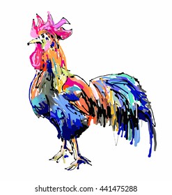 original retro chickendigital painting drawing, symbol of 2017 new year of the rooster, vector  illustration