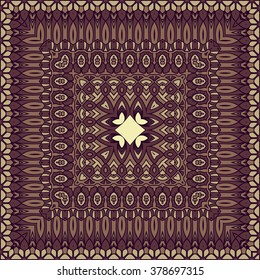 Original retro indian seamless pattern. Authentic silk neck scarf or kerchief square pattern design in asian style for print on fabric, vector illustration. Boho fashion
