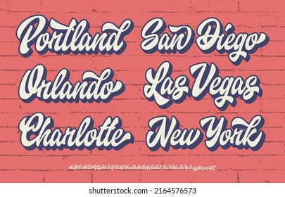 Original Retro Script Font and City Logos. Vector