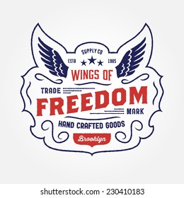 Original Retro T-shirt Apparel Graphic Design, Vintage Hand Crafted   Logo 'Wings Of Freedom' Supply Company, Vector Illustration (clean Version)