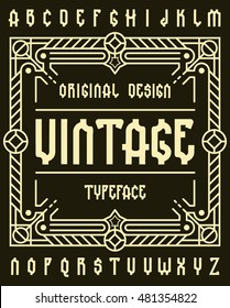 Original retro typeface set with decorative ornament frame for making label design. 