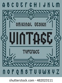 Original retro typeface set with decorative ornament frame for making label design. 