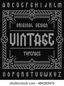 Original retro typeface set with decorative ornament frame for making label design. 